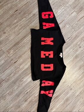 Gameday Black Cropped Sweatshirt with Red Lettering